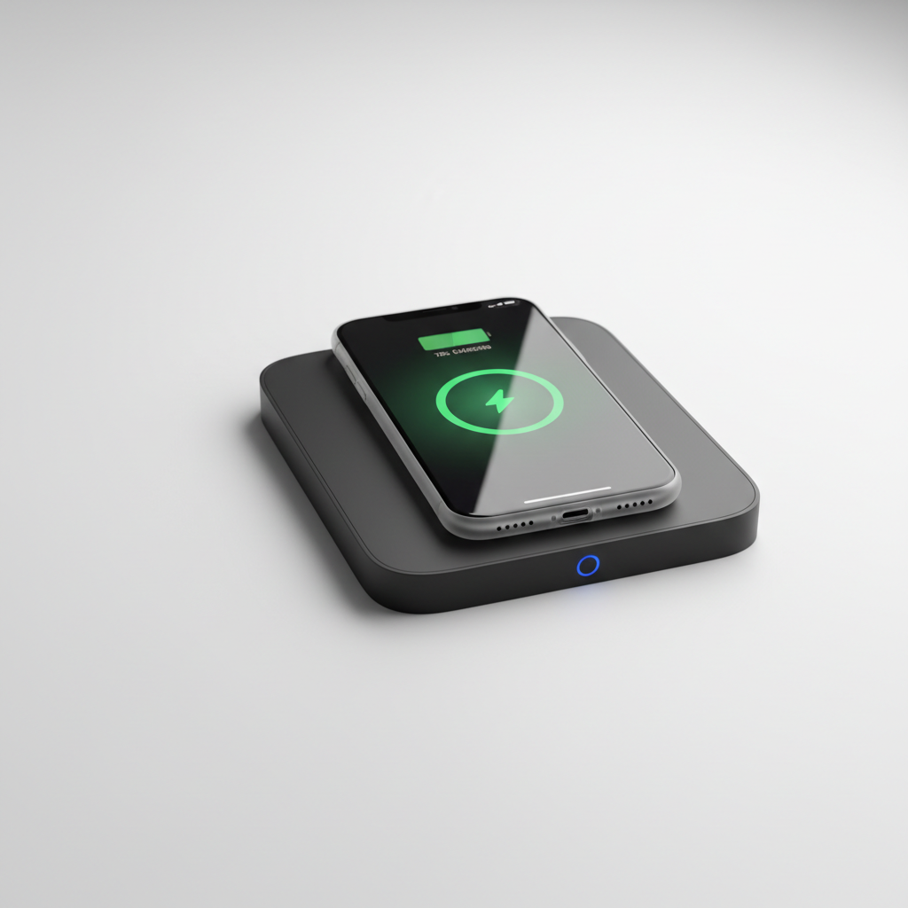 Wireless Charging Pad with smartphone charging on clean white surface